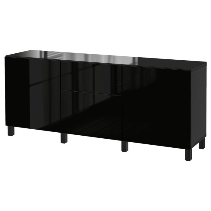 BESTÅ Combinazione + ante/cassetti - marrone-nero/Selsviken lucido/nero 180x42x74 cm
