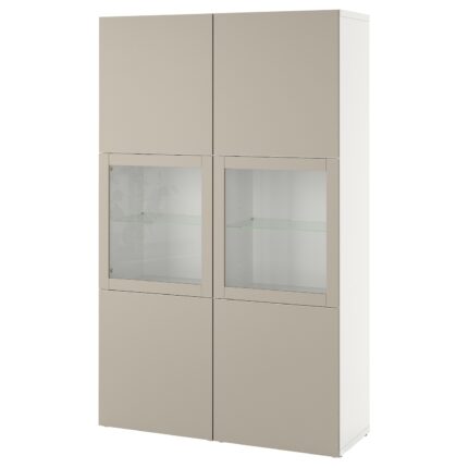 BESTÅ Combinazione con ante a vetro - bianco Lappviken/grigio chiaro-beige vetro trasparente 120x42x193 cm