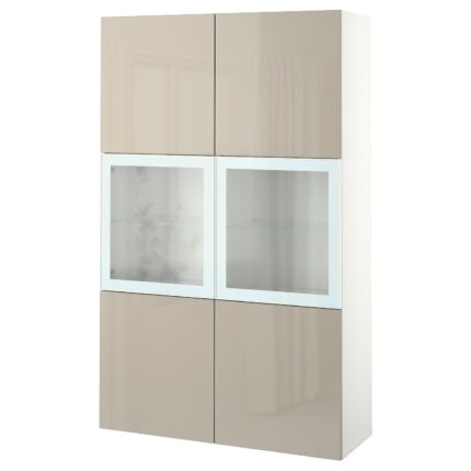 BESTÅ Combinazione con ante a vetro - bianco/Selsviken lucido/vetro trasparente beige 120x42x193 cm