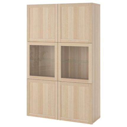 BESTÅ Combinazione con ante a vetro - effetto rovere con mordente bianco/Hanviken vetro effetto rovere bianco 120x42x193 cm