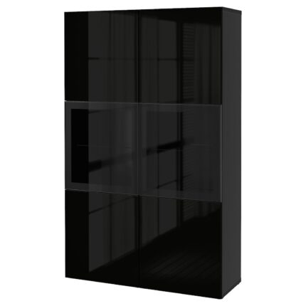 BESTÅ Combinazione con ante a vetro - marrone-nero/Selsviken lucido/vetro trasparente nero 120x42x193 cm