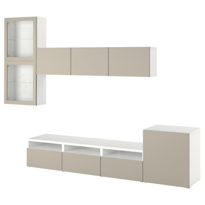 BESTÅ Combinazione TV/ante a vetro - bianco Lappviken/grigio chiaro-beige vetro trasparente 300x42x211 cm
