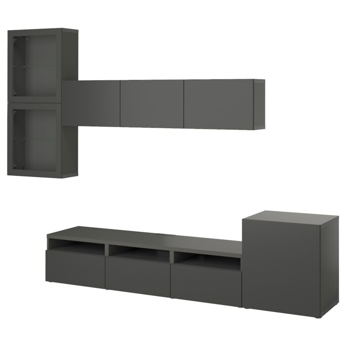 BESTÅ Combinazione TV/ante a vetro - grigio scuro Lappviken/Sindvik grigio scuro 300x42x211 cm