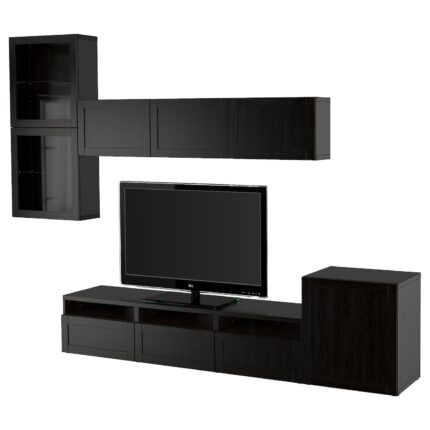 BESTÅ Combinazione TV/ante a vetro - marrone-nero/Hanviken vetro trasparente marrone-nero 300x42x211 cm