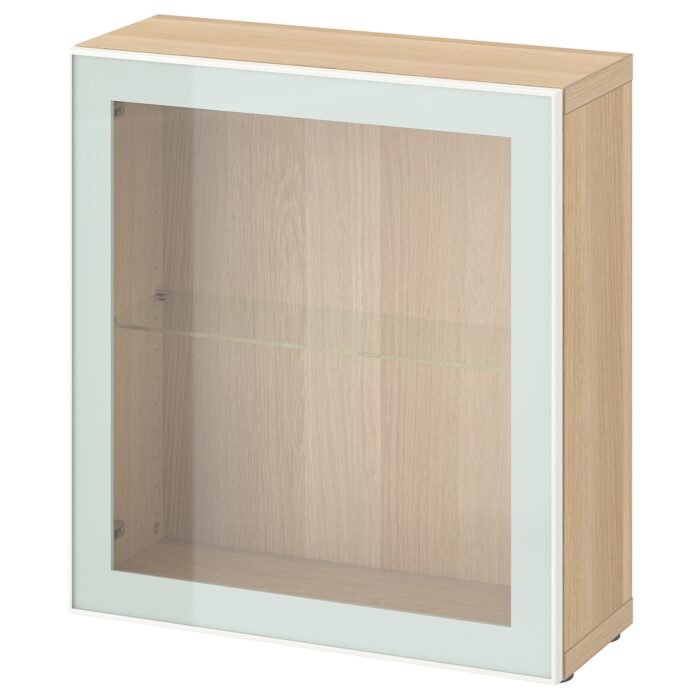 BESTÅ Mobile con anta a vetro - effetto rovere mordente bianco Glassvik/bianco/verde chiaro vetro trasparente 60x22x64 cm