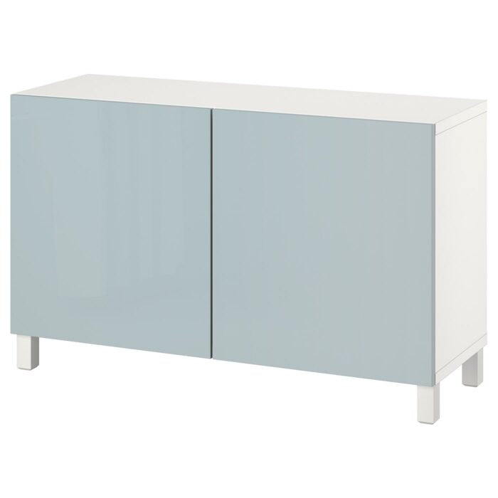 BESTÅ Mobile con ante - bianco Selsviken/Stubbarp/lucido grigio-azzurro 120x42x74 cm