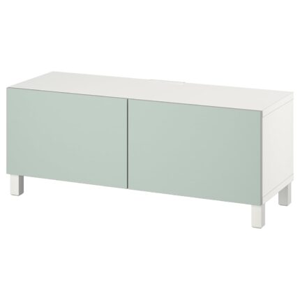 BESTÅ Mobile TV con ante - bianco Hjortviken/Stubbarp/grigio pallido-verde 120x42x48 cm