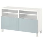 BESTÅ Mobile TV con ante - bianco/Selsviken/Stubbarp grigio-azzurro 120x42x74 cm