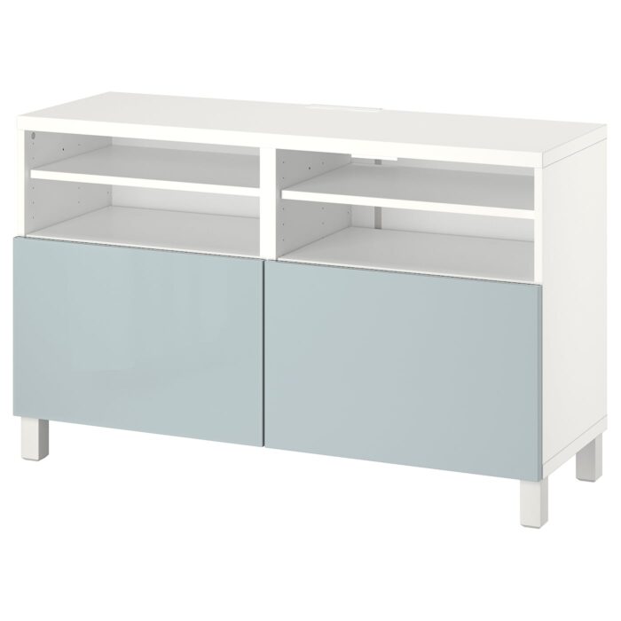 BESTÅ Mobile TV con ante - bianco/Selsviken/Stubbarp grigio-azzurro 120x42x74 cm