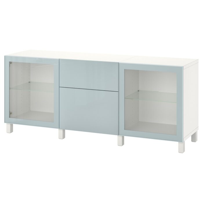 BESTÅ Mobili con cassetti - bianco Selsviken/Stubbarp/grigio-azzurro vetro trasparente 180x42x74 cm