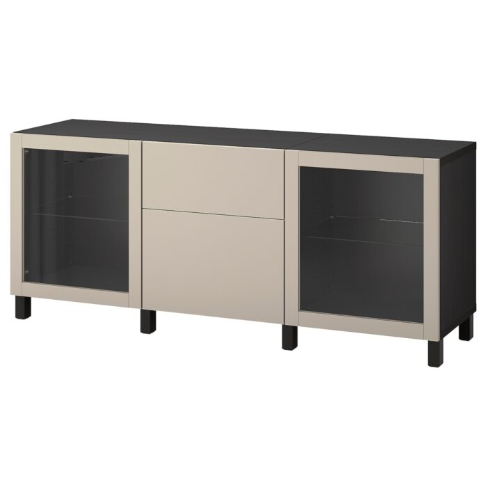 BESTÅ Mobili con cassetti - marrone-nero Lappviken/Stubbarp/grigio chiaro-beige vetro trasparente 180x42x74 cm