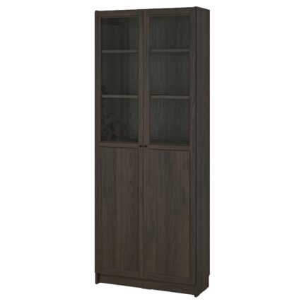BILLY / OXBERG Libreria con pannello/ante a vetro - marrone scuro effetto rovere 80x30x202 cm