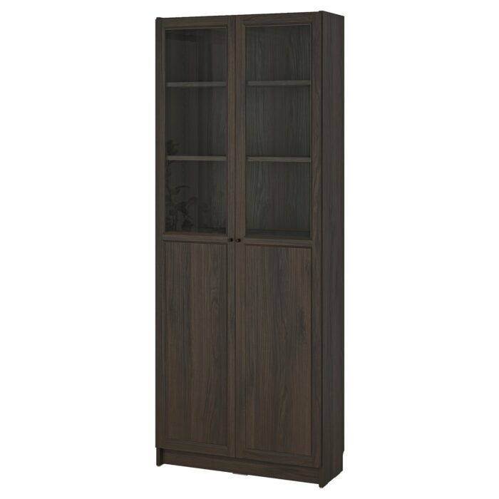 BILLY / OXBERG Libreria con pannello/ante a vetro - marrone scuro effetto rovere 80x30x202 cm
