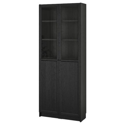 BILLY / OXBERG Libreria con pannello/ante a vetro - nero effetto rovere 80x30x202 cm