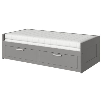 BRIMNES Letto divano/2 cassetti/2 materassi - grigio/Åfjäll rigido 80x200 cm
