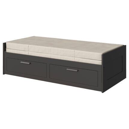 BRIMNES Letto divano/2 cassetti/2 materassi - nero/Vannareid extra rigido 80x200 cm
