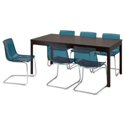 EKEDALEN / TOBIAS Tavolo e 6 sedie - marrone scuro/blu 180/240 cm
