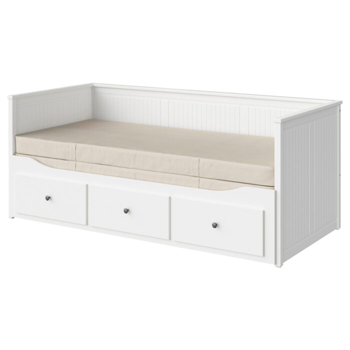 HEMNES Letto divano/3 cassetti/2 materassi - bianco/Vannareid extra rigido 80x200 cm
