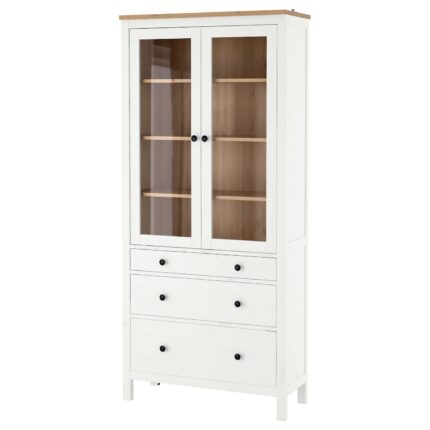 HEMNES Vetrina con 3 cassetti - mordente bianco/marrone chiaro 90x197 cm