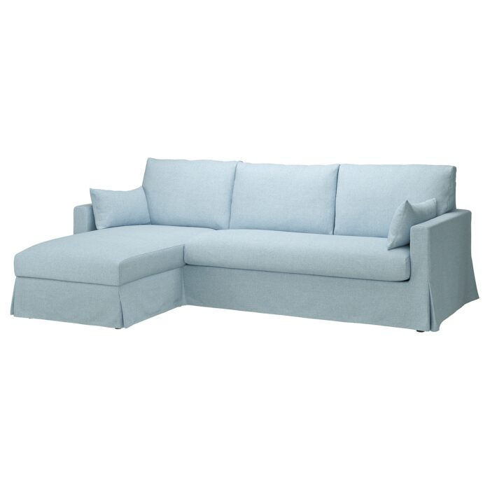 HYLTARP Divano a 3 posti/chaise-longue, sx - Kilanda blu pallido