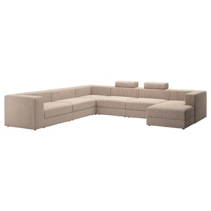 JÄTTEBO Divano a U a 7 posti - con chaise-longue, destra con poggiatesta/Samsala grigio-beige