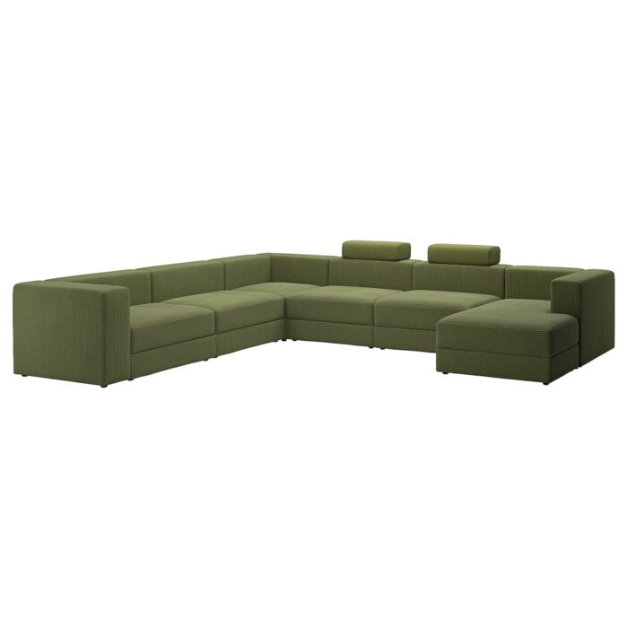 JÄTTEBO Divano a U a 7 posti - con chaise-longue, destra con poggiatesta/Samsala giallo scuro-verde