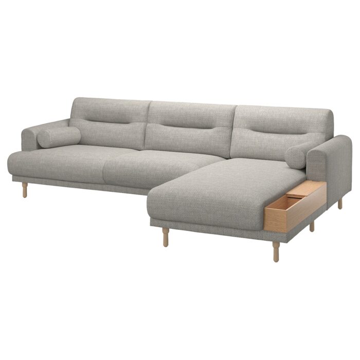 LÅNGARYD Divano a 3 posti/chaise-longue, dx - Lejde/grigio chiaro legno