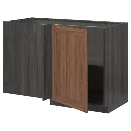 METOD Mobile base angolare con ripiano - nero Enköping/marrone effetto noce 128x68 cm