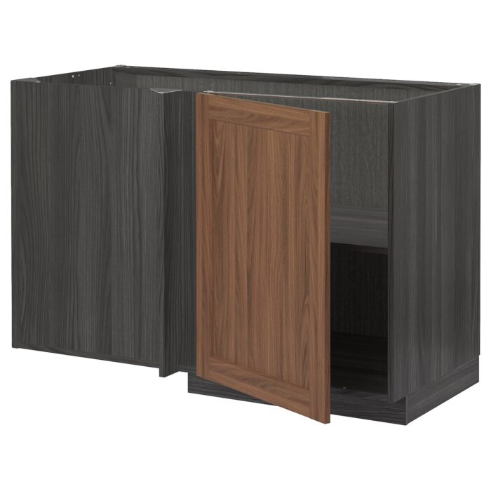 METOD Mobile base angolare con ripiano - nero Enköping/marrone effetto noce 128x68 cm