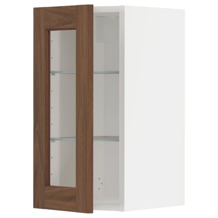 METOD Pensile con ripiani/anta a vetro - bianco Enköping/marrone effetto noce 30x60 cm