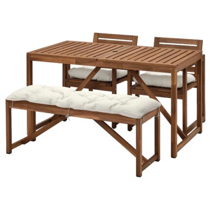 NÄMMARÖ Tavolo+2 sedie+panca da giardino - mordente marrone chiaro/Kuddarna grigio chiaro-beige 140x75 cm
