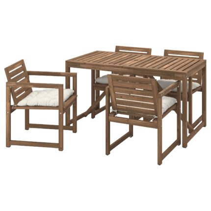 NÄMMARÖ Tavolo+4 sedie braccioli, giardino - mordente marrone chiaro/Kuddarna grigio chiaro-beige 140x75 cm