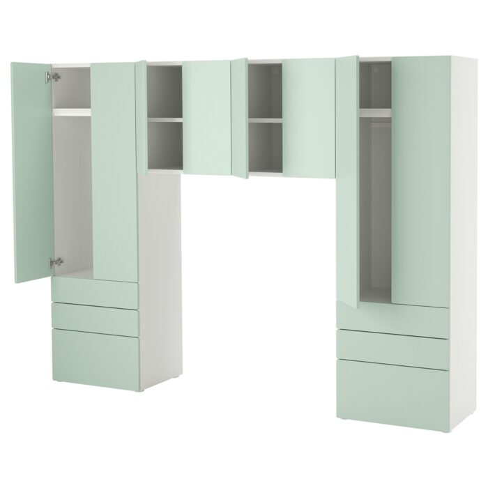 SMÅSTAD / PLATSA Combinazione di mobili - bianco/verde chiaro 240x42x181 cm
