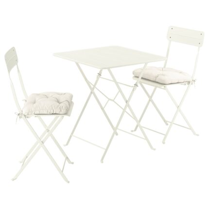 SUNDSÖ Tavolo e 2 sedie pieghevoli - da esterno bianco sporco/bianco sporco Kuddarna grigio-beige chiaro 65x65 cm