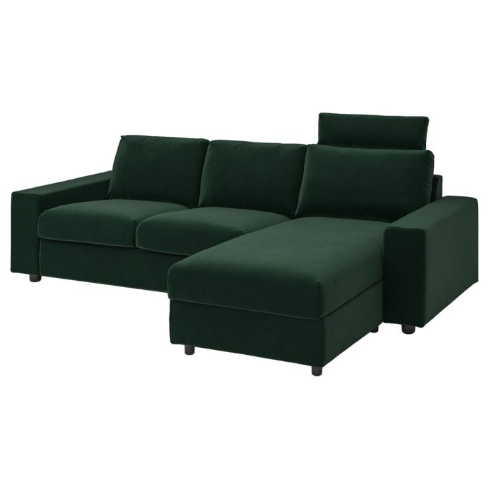 VIMLE Divano a 3 posti con chaise-longue - con braccioli larghi con poggiatesta/Djuparp verde scuro
