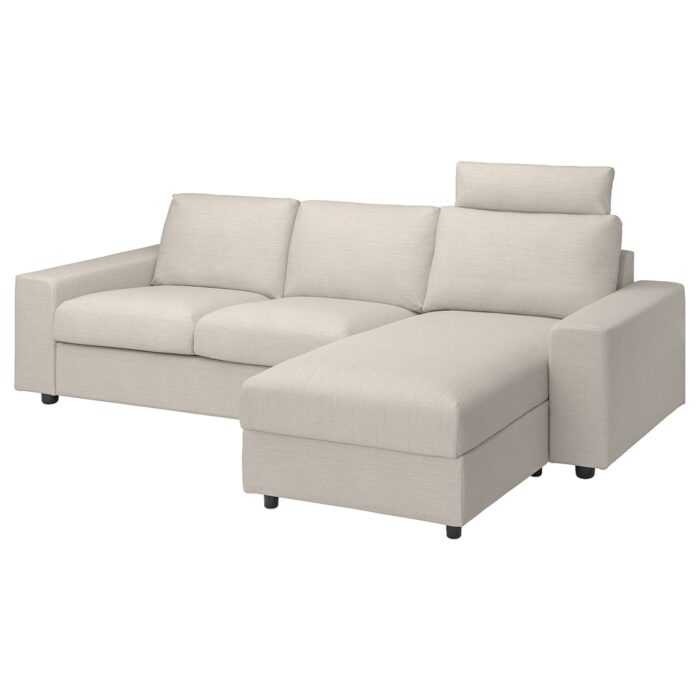 VIMLE Divano a 3 posti con chaise-longue - con poggiatesta con braccioli larghi/Gunnared beige
