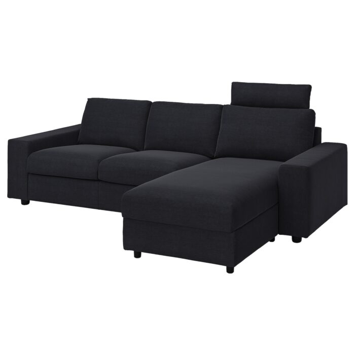 VIMLE Divano a 3 posti con chaise-longue - con poggiatesta con braccioli larghi/Saxemara blu-nero