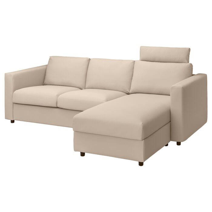 VIMLE Divano a 3 posti con chaise-longue - con poggiatesta/Hallarp beige