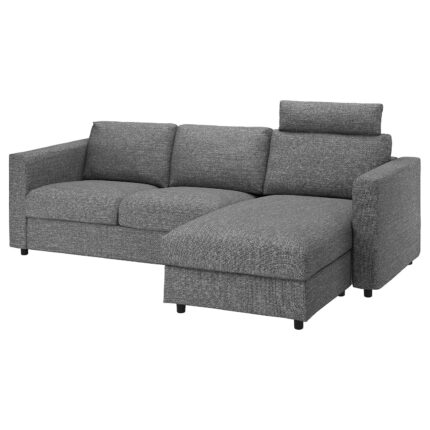 VIMLE Divano a 3 posti - con chaise-longue con poggiatesta/Lejde grigio/nero